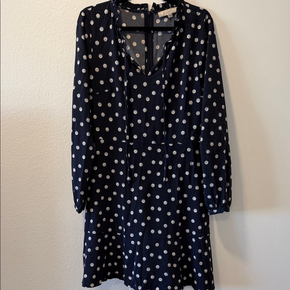 LOFT Navy and White Polka Dot Long Sleeve Dress